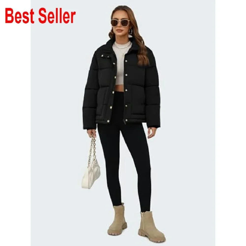 Cropped Puffer Jacket Winter Stand Collar Zip Up Snap Button Lightweight